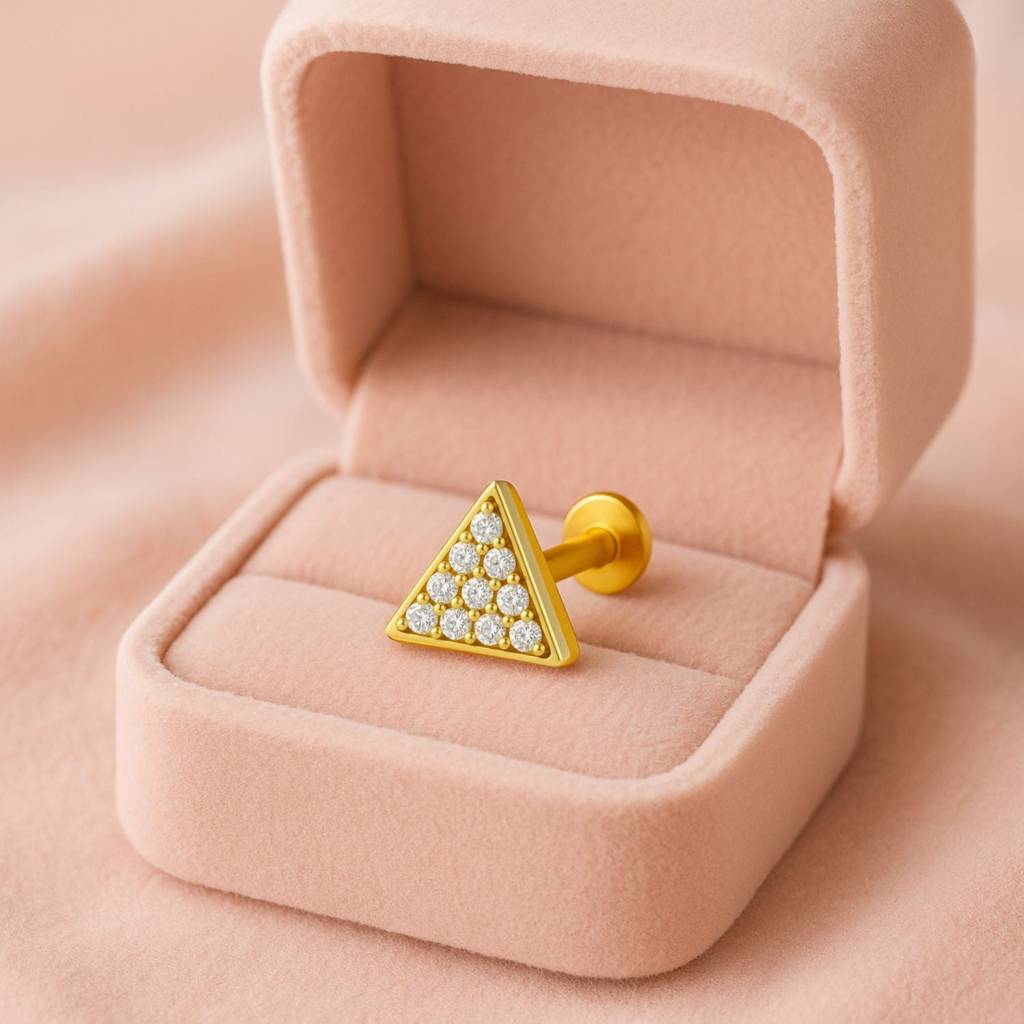 White Cz Pavã© Triangle Nose Pin 925 Sterling Silver Gold Plated : NP-0013-N-1-snp-0032