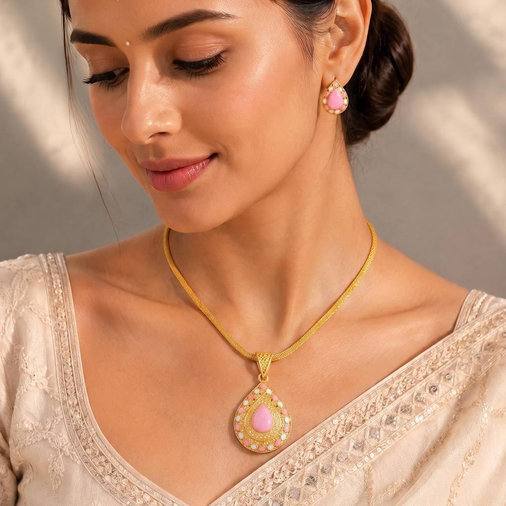 Gold Plated Ethnic Pink Crystal Pendant Chain Earrings Set For Women | Festive & Occasion Jewellery, Anniversary  : PF04N64LPK
