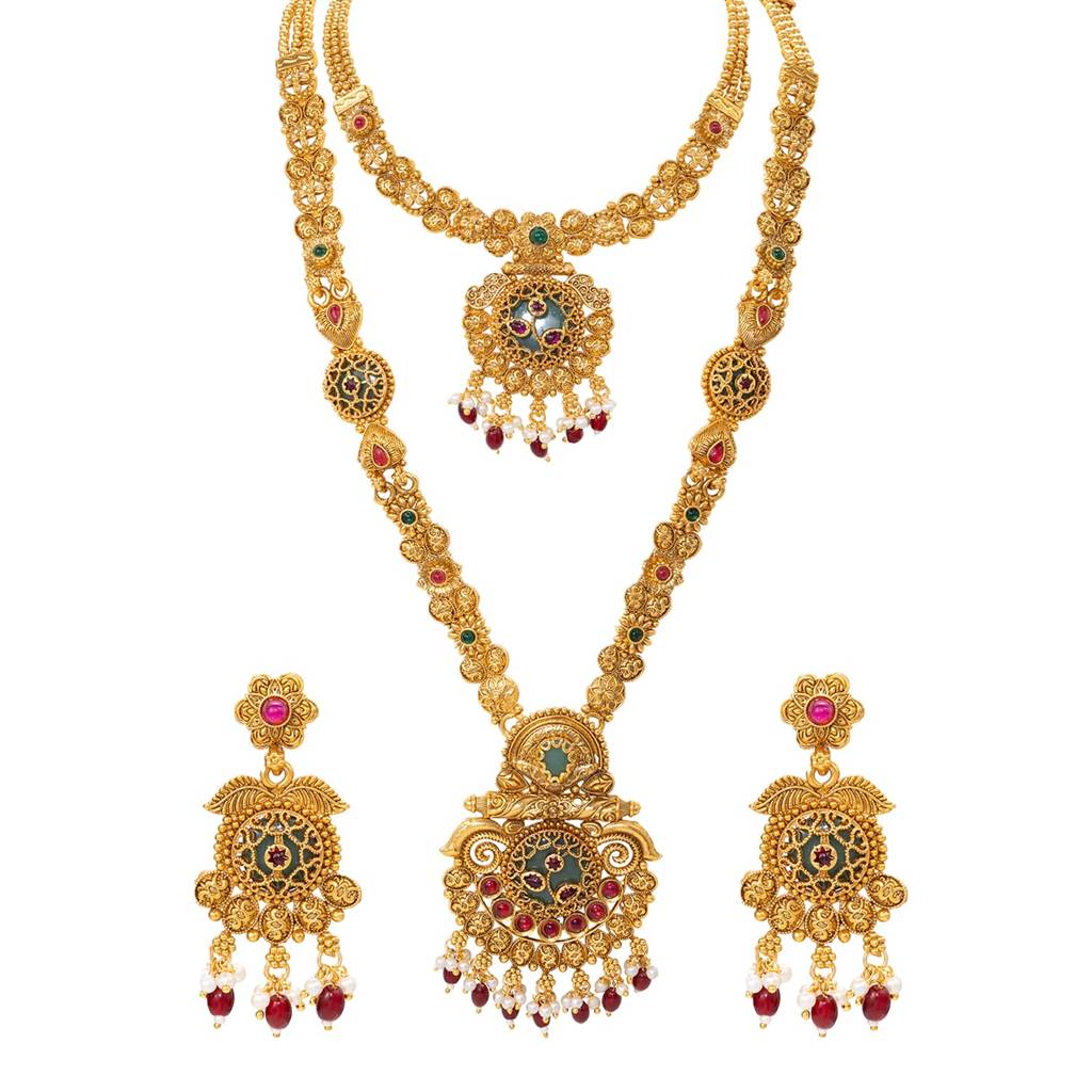 Traditional Gold Plated Necklace Bridal Jewellery Set For Women | Faux Ruby Emerald & Beads, Adjustable Drawstri : PF04BR14RPG