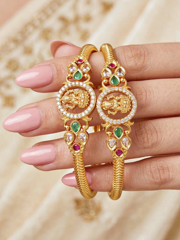 Gold Plated Laxmi Ji Temple Design Ad Bangle For Women With Pink, Green & White Stones | Traditional Brid : 655-C1BG-2197-2-24