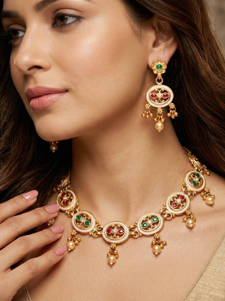 Gold-Plated Meenakari Red & Green Stone Traditional Necklace Set With Earrings For Women | Ethnic Wedding J : 580-G2SR-261-WRG