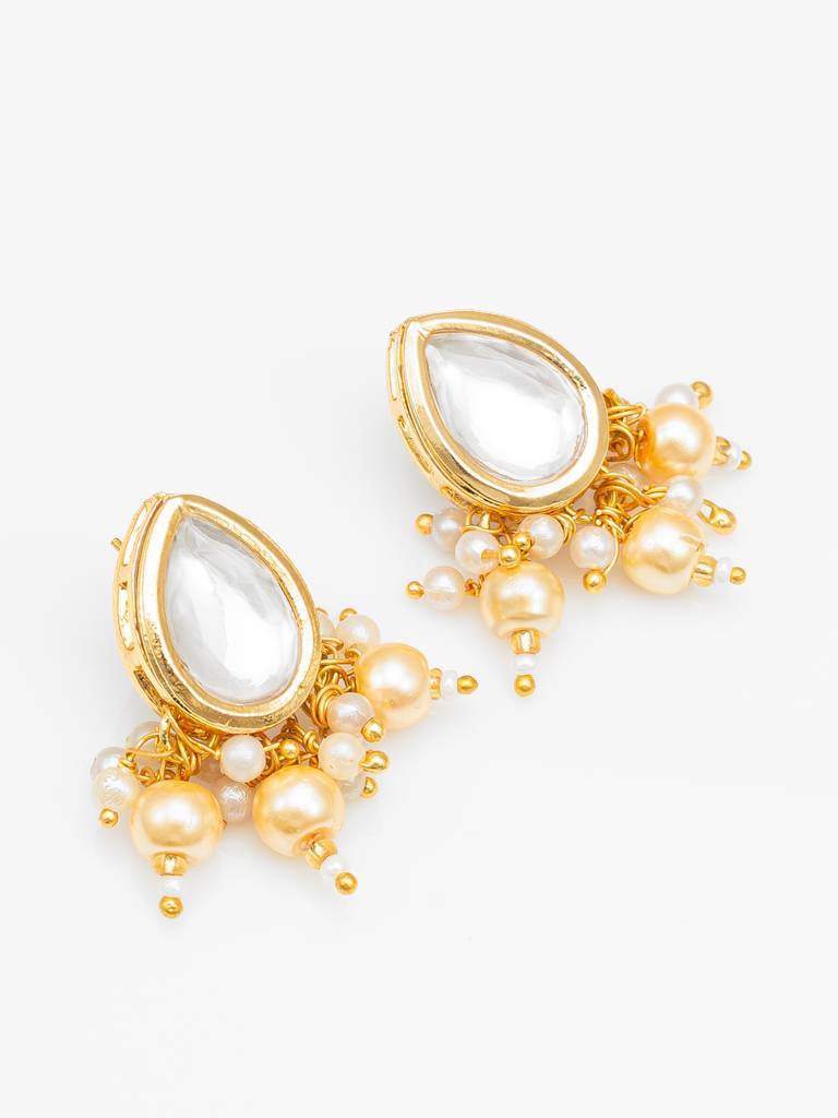 Gold Plated White Beads Kundan Bridal Necklace Set : NK4715