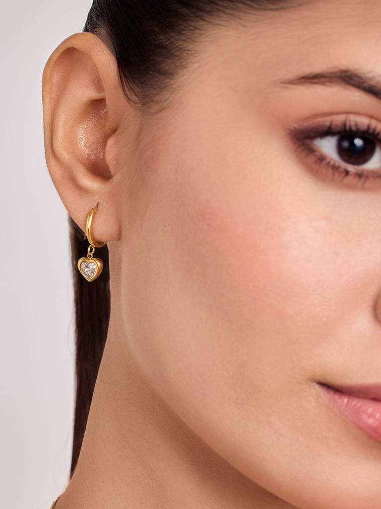 18K Gold Plated Golden Heart Drop Hoops Stainless Steel Waterproof & Anti-Tarnish : E52DGSS0G