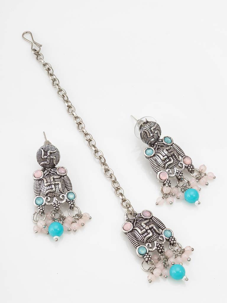 Navratri Special Silver Choker Necklace Set With Earrings And Maang Tikka In Turquoise And Pink Beads : NK4098
