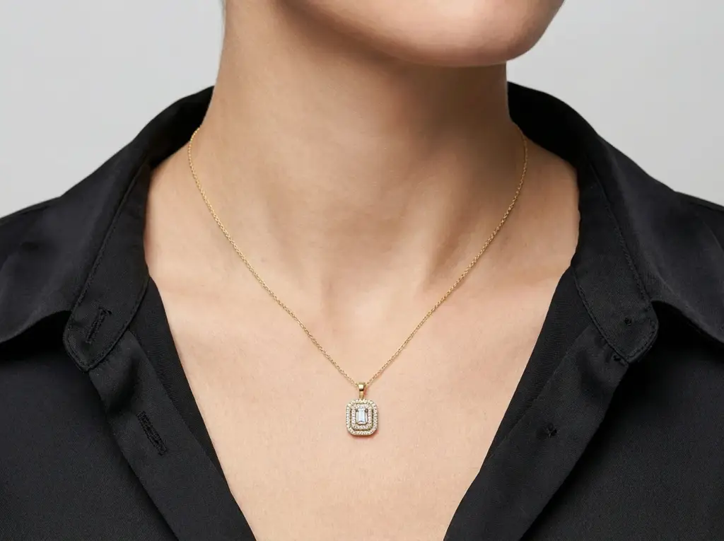 Emerald Cut Diamond Double Halo Solitaire Women'S Pendant | Handcrafted Pavé Setting : PD00004-WH-Silver925-LabD