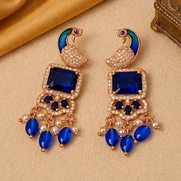 Rose Gold Peacock Dangle Earrings : AD-934-RGBLERER