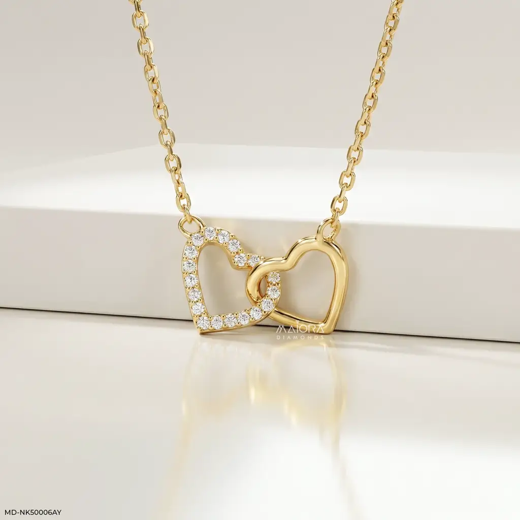 18K Yellow Gold Sterling Silver Interlocking Double Heart Lab-Grown Diamond Necklace : MD-NK50006AY
