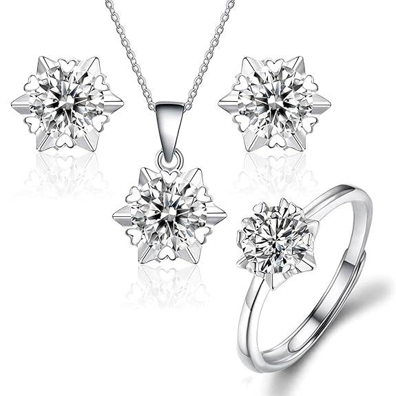 Silver Plated Cubic Zirconia Necklace Pendant Chain Finger Ring & Stud Earrings Fancy Jewellrey Set For Women And Gi : PX9PS10