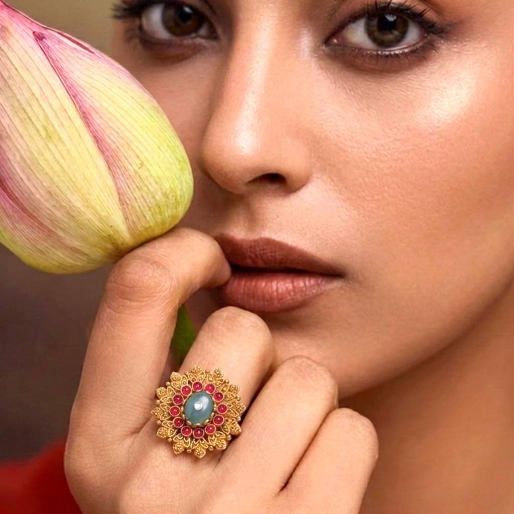Ethnic Gold Plated Rani Pink Green Adjustable Finger Ring For Women : PF04R06RPG