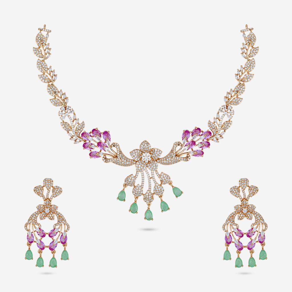 Pink-Mint Gold Rose - Plated Party Wear Zircon Necklace - 472271 : 472271
