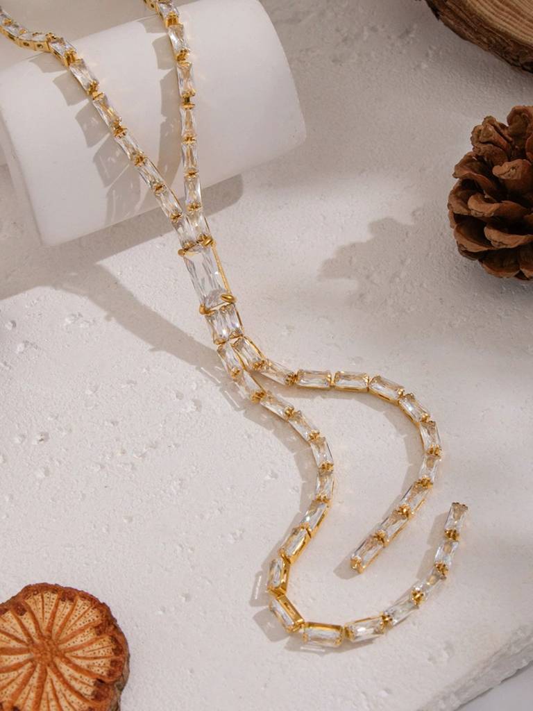 Tassel Zircon Lariat Necklace For Women Anti-Tarnish Waterproof 18K Gold Plated : ALL1125N1843WH