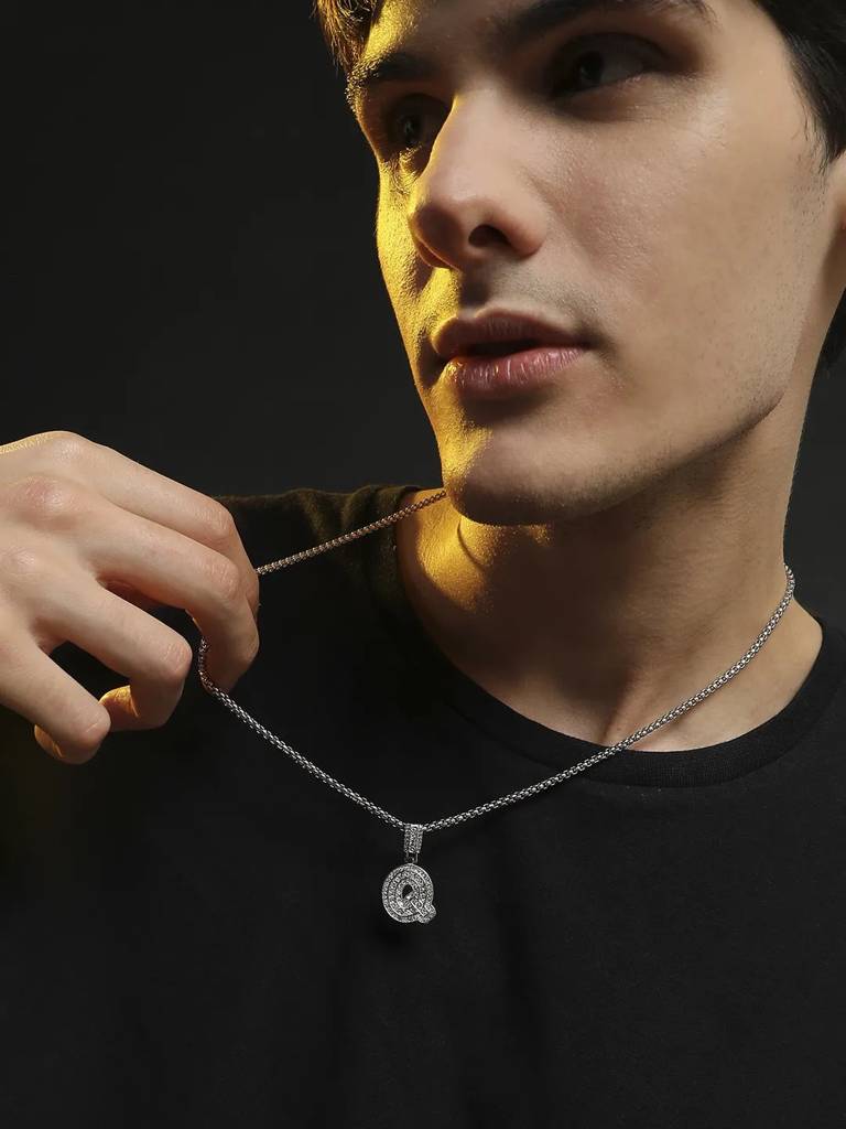 Men'S Embellished Alphabet Pendant Necklace - Silver : FANC1071-Q