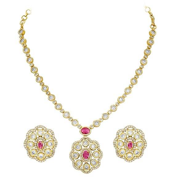 Green Pendant Style Necklace Earrings For Women & Girls Gold Plated Faux Emerald & Crystals Studded Festive Occasio : PF76N05R