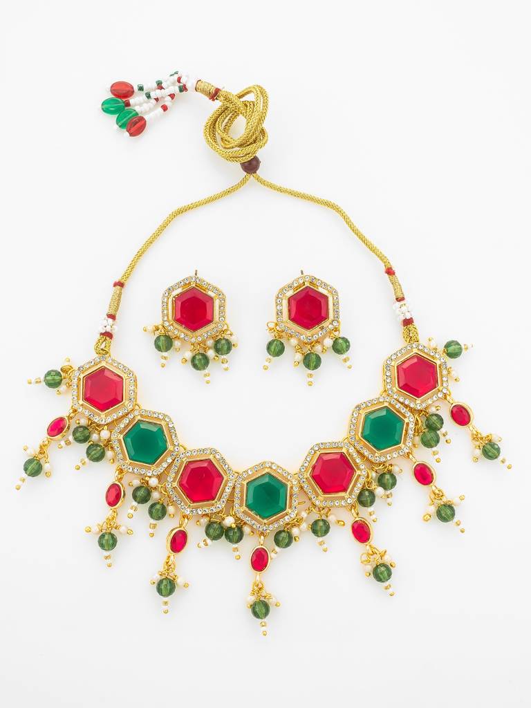 Gold Plated Red And Green Hexagonal Style Choker Set : NK4882
