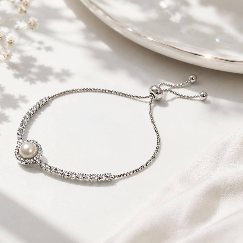 Stylish Adjustable Bracelet For Women & Girls | Silver Plated | Cubic Zirconia & Pearl Studded | Festive & Casual J : PX9B290W