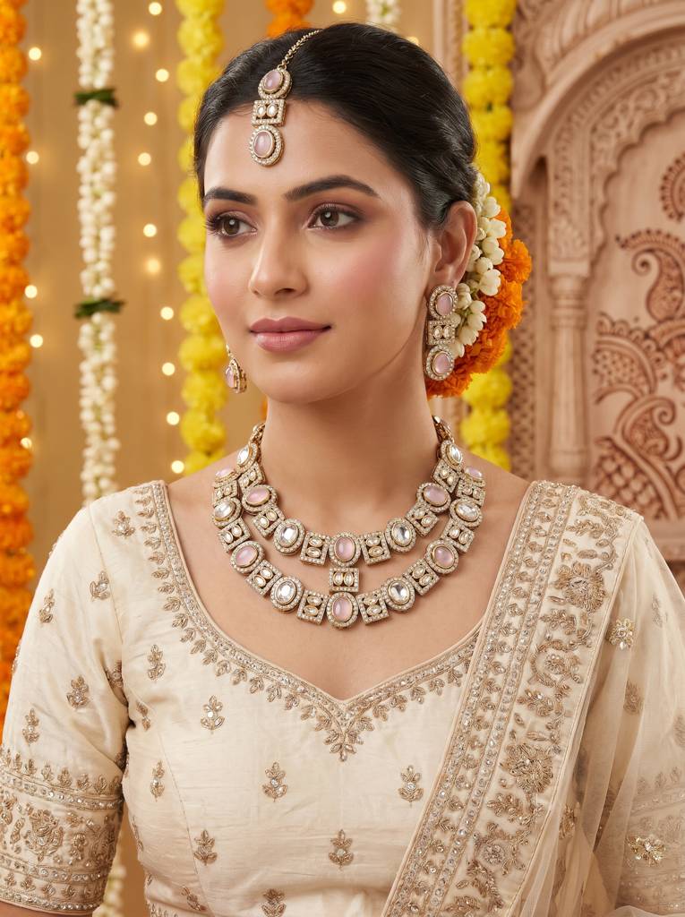 Bridal Double Layer Jewellery Set : HBN-44-PINK