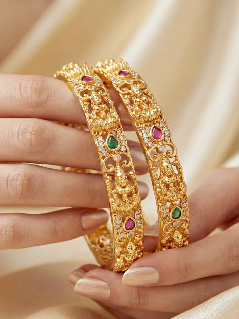 Gold Plated Laxmi Ji Temple Design Ad Bangle For Women With Pink & Green Stones | Traditional South India : 837-C1BG-2205-2-24
