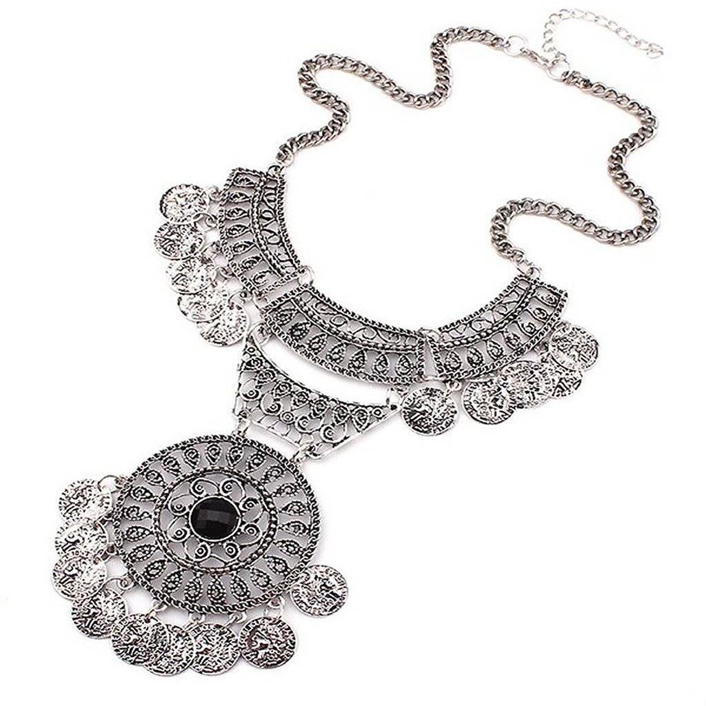 Indian Jewelry Ethnic Oxidized Silver Metal Antique Turkish Coin Statement Necklace For Women Girls : PX9N02