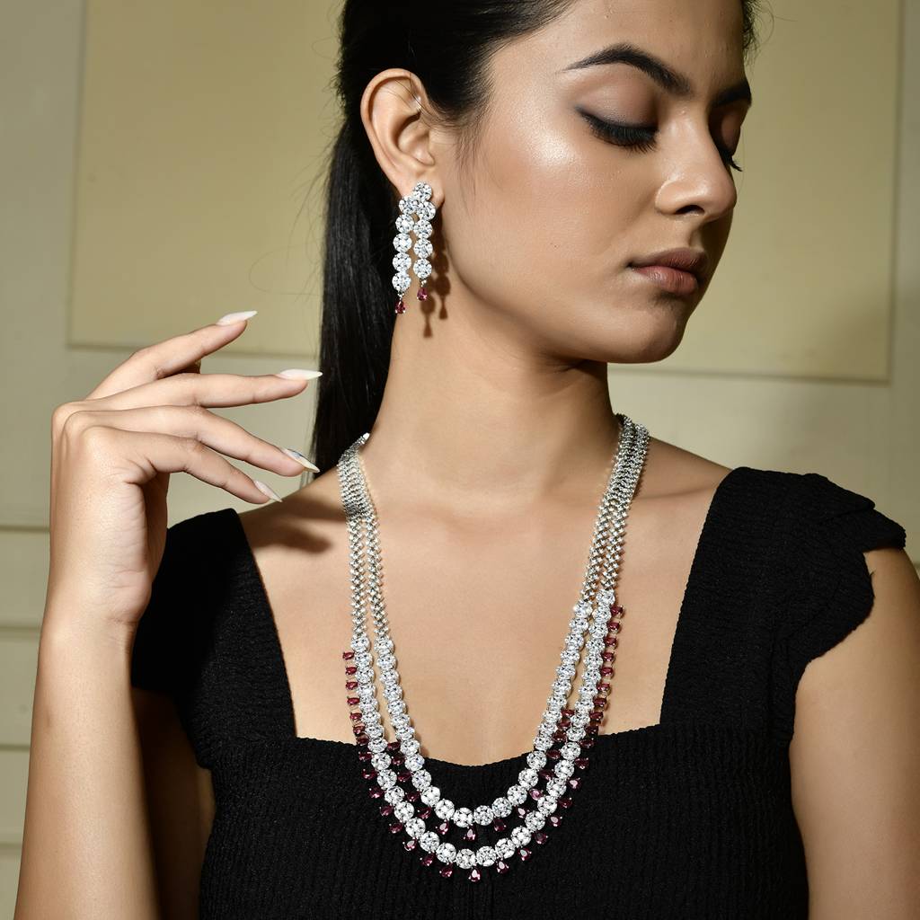 Sparkling Elegance Ruby Glimmer American Diamond Necklace Set : 8905124512960