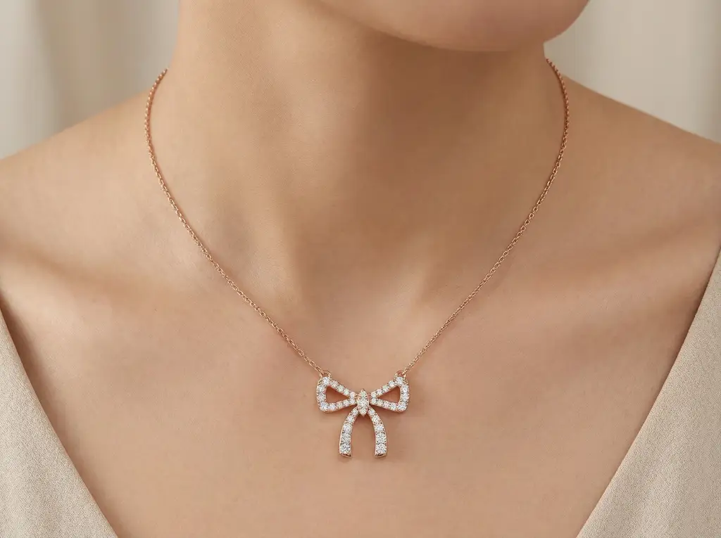 Bow Diamond Women'S Pendant | Round Diamond Delicate Bow Statement Jewelry : PD00145-YE-Silver925-LabD