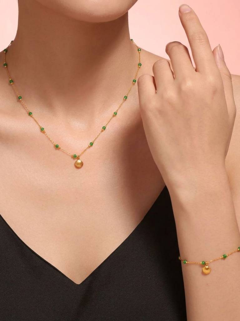 18K Gold Plated Anti-Tarnish Shell And Green Crystal Pendant & Bracelet Set : ALL0725NB990C2