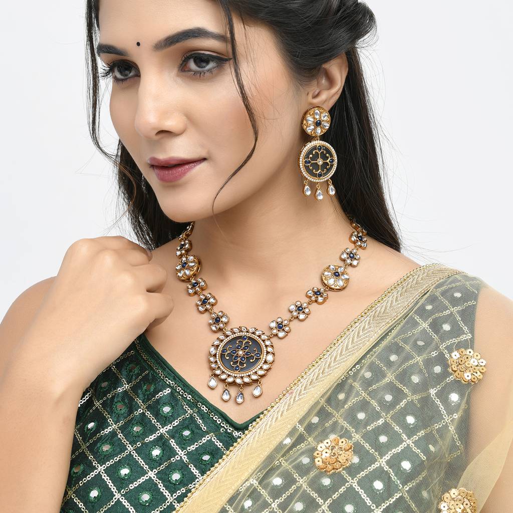 Hasli Elegant Long Blue Floral Kundan Studded Golden Necklace Set : 8905124535518