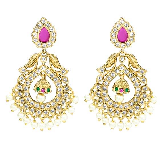Ethnic Dangle Earrings For Women & Girls Gold Plated Faux Ruby & Cubic Zirconia Studded Festive Bridal Jewellery B : PF76E03RG