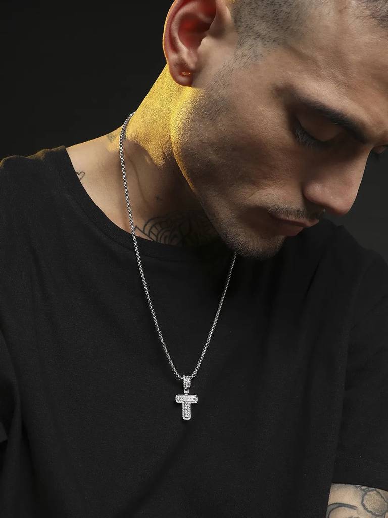 Men'S Embellished Alphabet Pendant Necklace - Silver : FANC1071-T