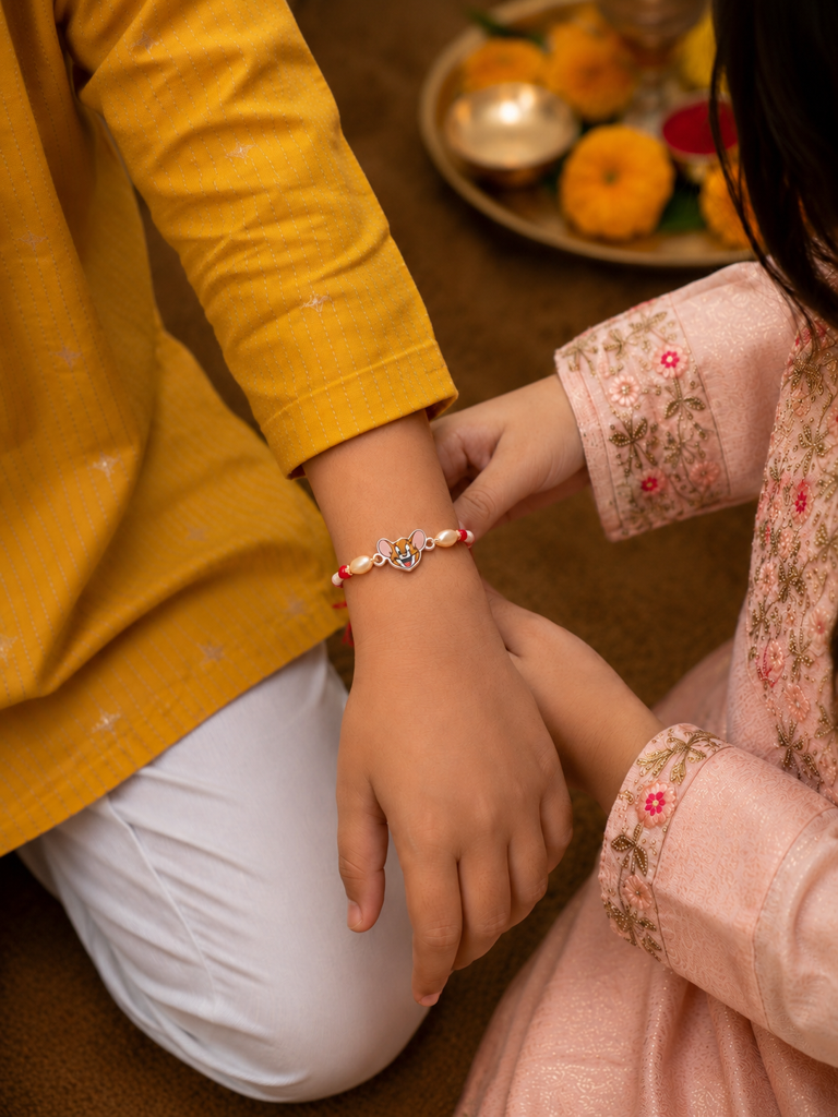 925 Sterling Silver Jerry Cartoon Kids Rakhi With Roli-Chawal Set : SMK-RKH-011