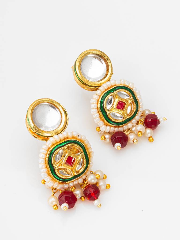 Deep Red Multi-Strand Crystal Bead Kundan Choker Necklace Set With Meenakari Stud Earrings : NK4350