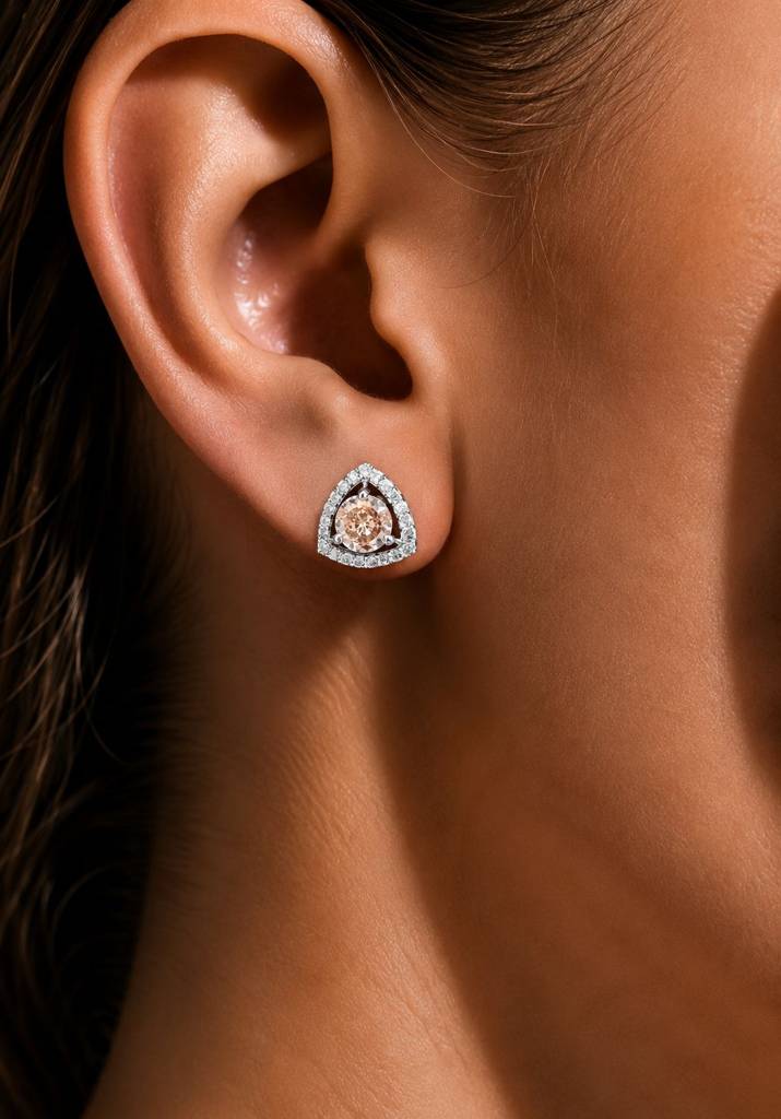 Trillion Cut American Diamond Peach Morganite Solitaire Stud Earrings For Women | Anti Tarnish Halo Cz Stud Earrings : 100047