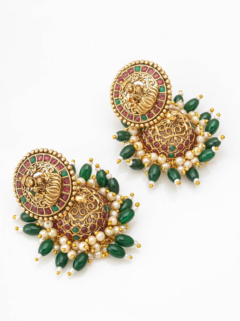 Traditional Antique Gold Temple Lakshmi Long Haram Necklace Set With Peacock Coin Chain, Green Beads And Jhumki Earri : NK4208