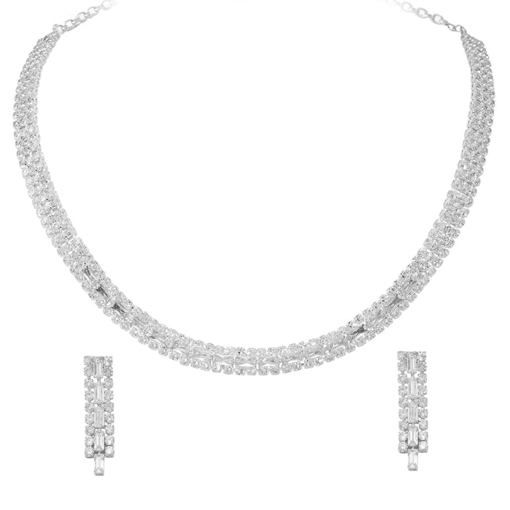 Silver Plated Classic Sparkling Necklace Earrings Set For Women : PX9N235S