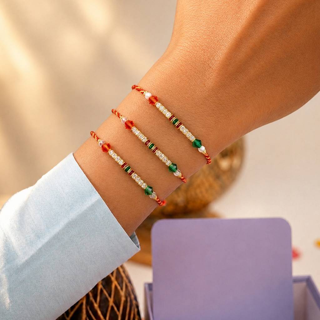 Rakhshabandhan Thread Rakhi For Brother Bhaiya Crystal & Beads Studded Red White Set Of 3 Rakhi Hamper Roli Chawal : R07C18-S3