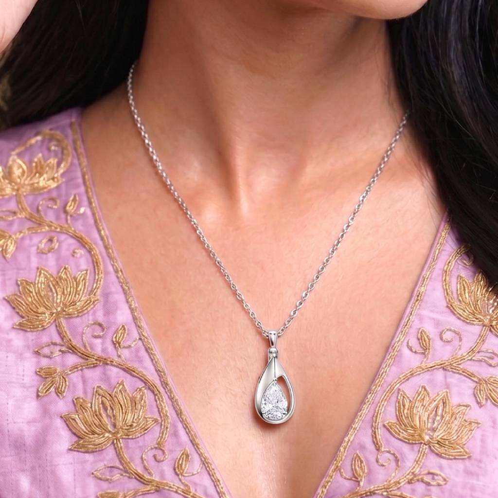 Fancy Teardrop Pendant Chain Necklace For Women & Girls Silver Plated Crystal Studded Stylish Design Jewellery Ann : PX9CH144S