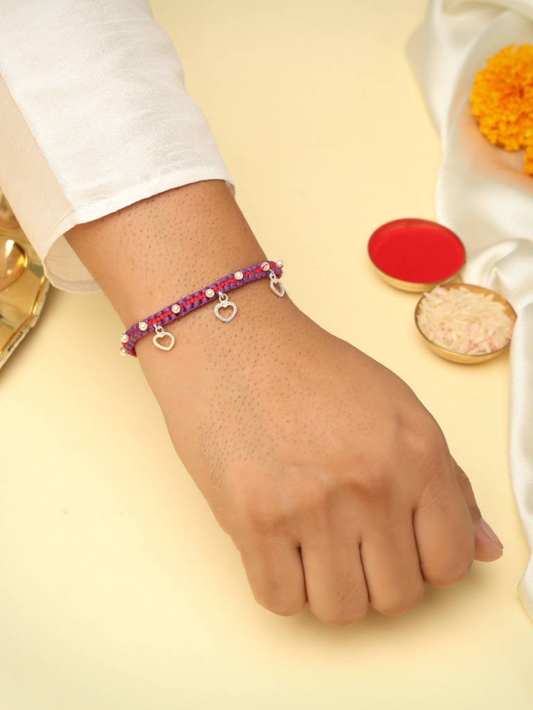 925 Sterling Silver Heart & Pearl Charm Rakhi – Rhodium Plated Thread Rakhi For Brothers : SILRAK150