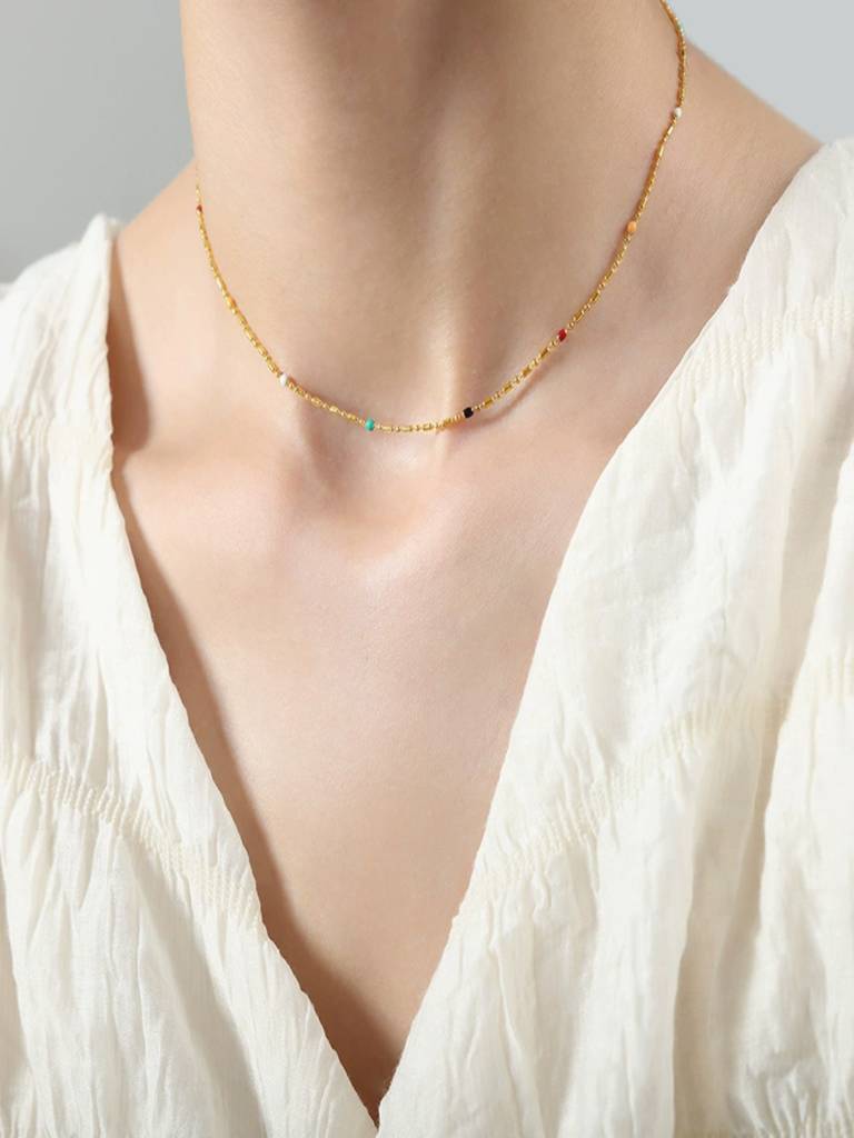 Beaded Chain Necklace For Women Anti-Tarnish Waterproof 18K Gold Plated : ALL1125N1693_33