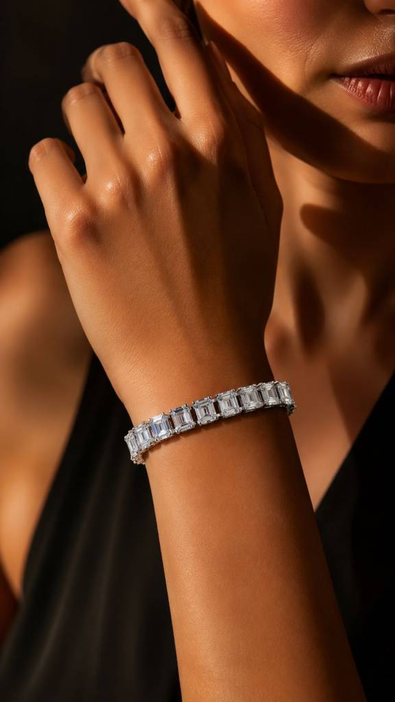 Emerald Cut Diamond Solitaire Anti Tarnish Tennis Bracelet For Women : 400063