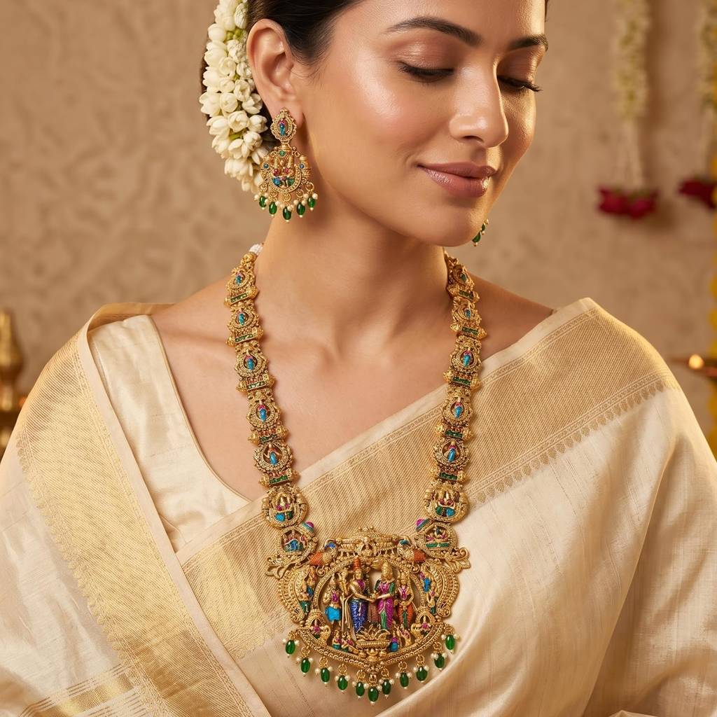 Gold Plated Green Rani Pink Long Necklace Earrings Set For Women : PF109N03ML