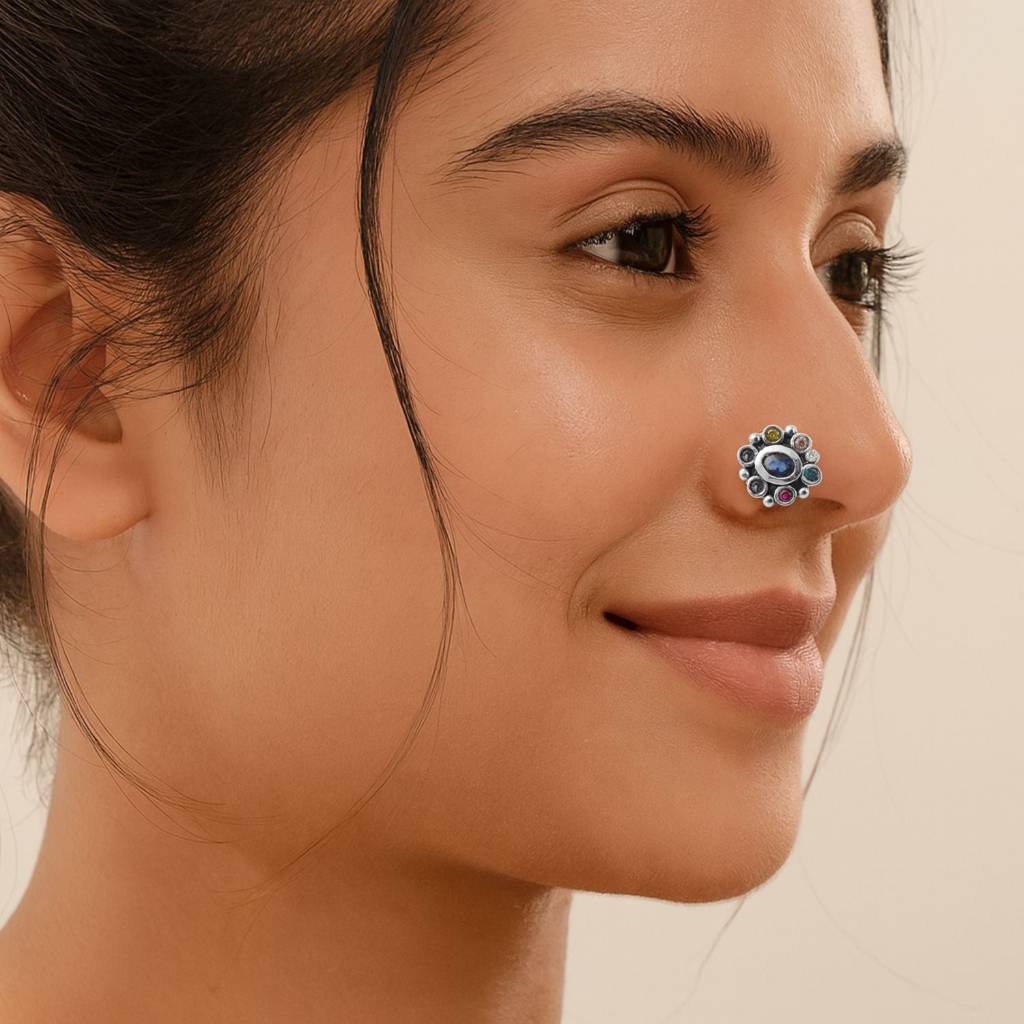 Navratna Oval Nose Pin - Sterling Silver : NP00150_925S_OX_YCZ