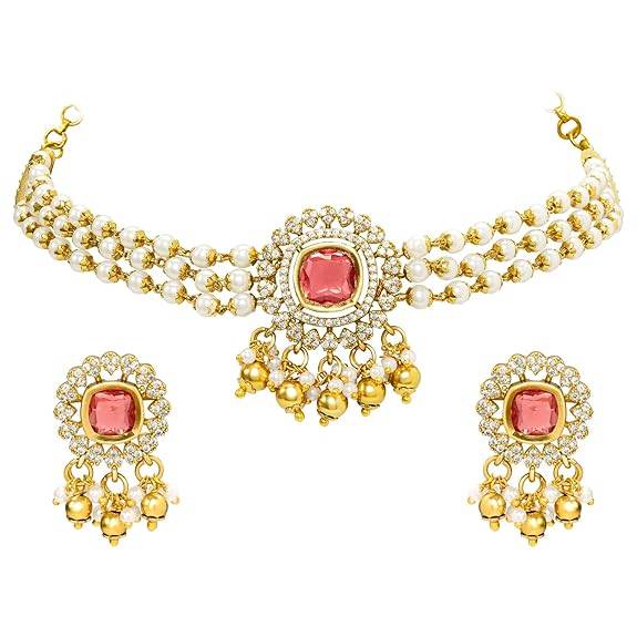 Red Ethnic Necklace Earrings For Women & Girls Gold Plated Faux Ruby Cz & Pearl Studded Festive Bridal Jewellery Bi : PF76N06R