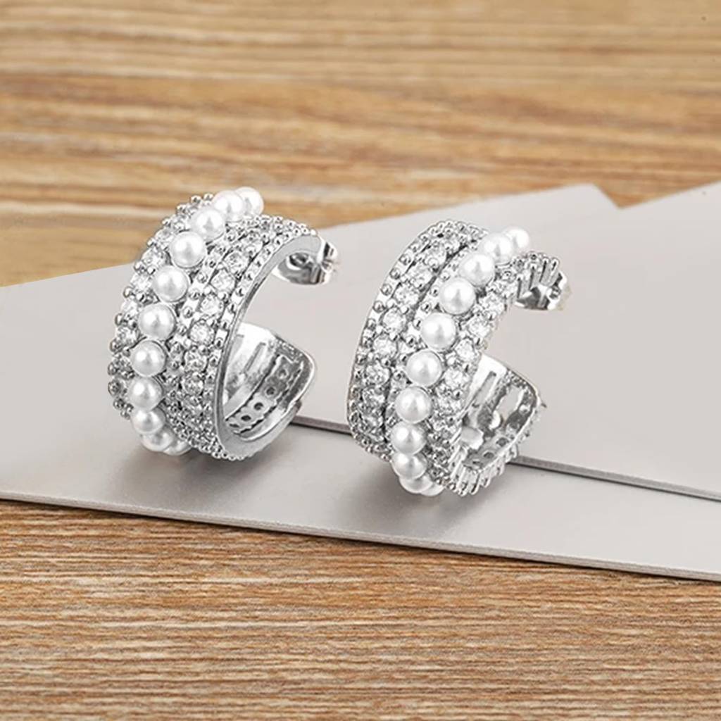 Silver Plated Cubic Zirconia & Pearl Studded Half Hoop Earrings Fancy Fashion Jewellery Gift For Women & Girls : PX9E3060W