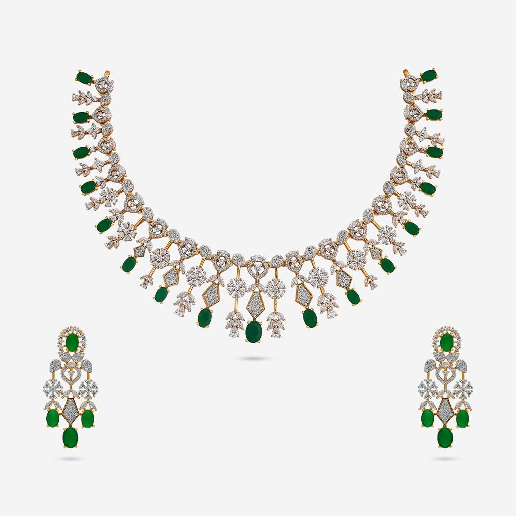 Green Rhodium-Gold - Plated Party Wear Zircon Necklace - 454018 : 454018