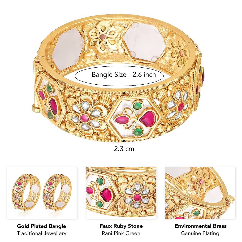 Gold Plated Faux Ruby & Faux Emerald Studded Ethnic Thick Kada Openable Bangles For Women (1 Pair, Size - 2.6  : PF74B236-S2-6