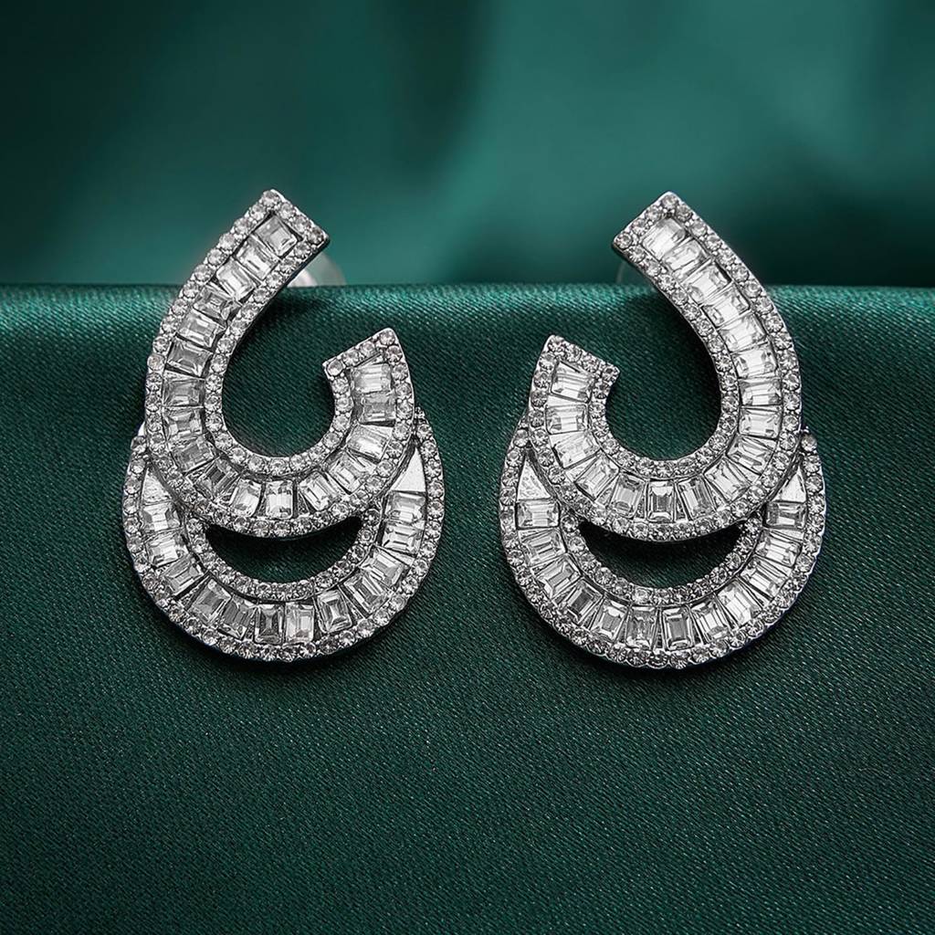 Silver Plated Cubic Zirconia & Baguette Stone Studded Fancy Stylish Stud Earrings Jewellery For Women & Girls : PX9E3141S