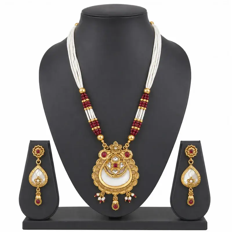 Matte Gold Temple Necklace Set | Ruby & White Beads | Crescent Pendant Design : OSLFJ-012-IGRBWE-NKER