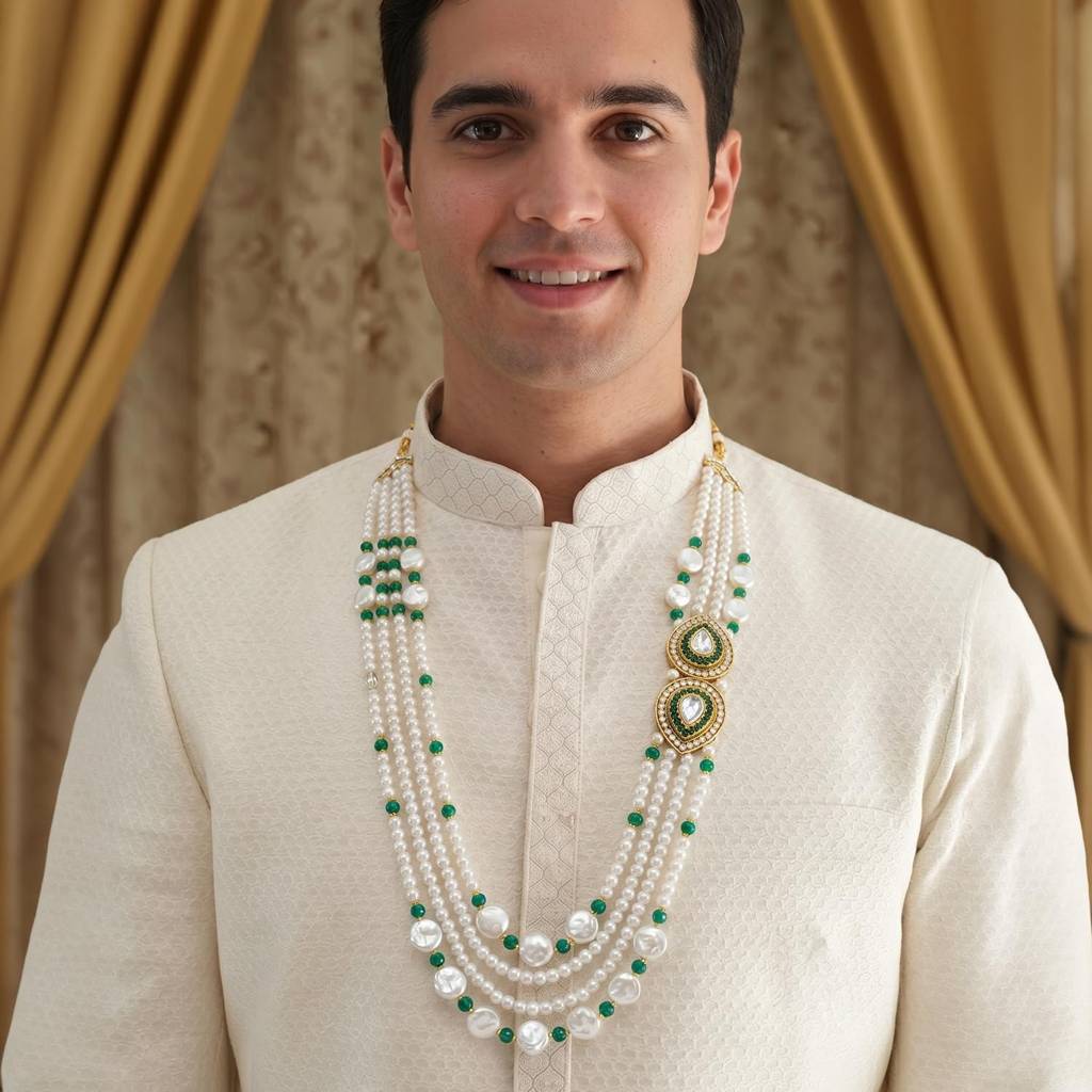 Ethnic Green White Multi Layer Shervani Haar Necklace Men'S Jewellery : PF31MN09GRN