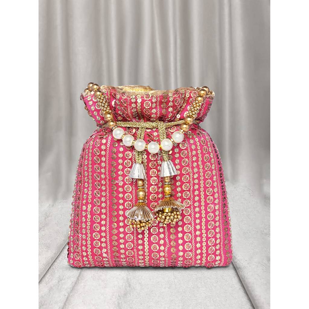 Potli Purse For Women Handmade Evening Handbag Stylish Bridal Fashion Wristlet Bag For Girls (P163G) : P163RP