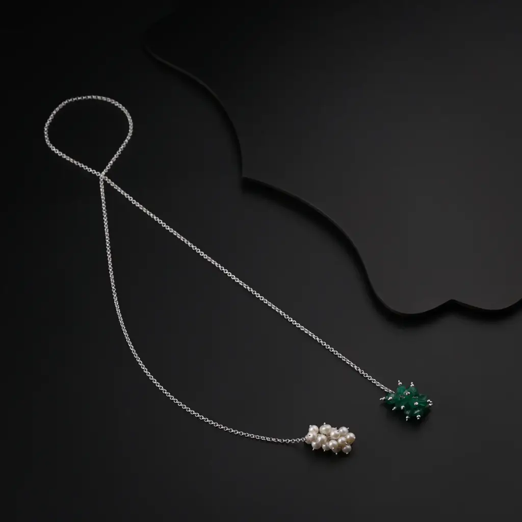 Silver Tie & Wear Necklace With Pearls & Green Onyx : 95895703
