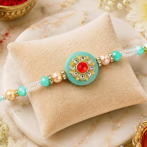 Gold Plated Trendy Circle Rakhi With Roli Chawal & Greeting Card For Brother : SR-7943-RAKHI
